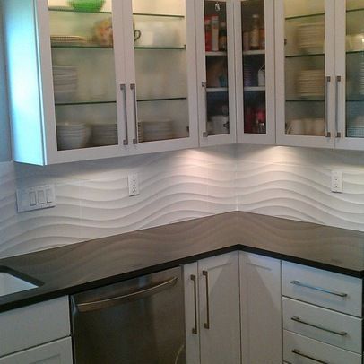 White linear wave tile - kitchen backsplash and shower wall Wave Backsplash, Kitchen Backsplash Images, Wave Tile, Creative Kitchen Backsplash, Backsplash White, Open Kitchen And Living Room, Tiles Backsplash, Kitchen Backsplash Designs, Condo Kitchen