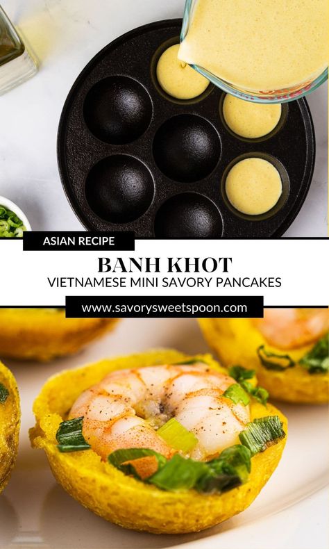 Bahn Khot Recipe, Banh Khot Recipe, Vietnamese Appetizers For Party, Vietnamese Catering, Vietnamese Appetizers, Sweet Dipping Sauce, Vietnamese Snacks, Banh Khot, Vietnamese Pancakes