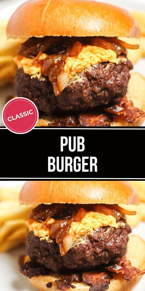 This Pub Burger is full of flavor, with pub cheese, beer caramelized onions, and bacon all together on a juicy seasoned burger patty. Beer Burger Recipes, Pub Burger Recipe, Beer Can Burgers, Beer Burgers, Pub Burger, Pub Cheese, Grilled Burger Recipes, Beer Burger, Burger Patty