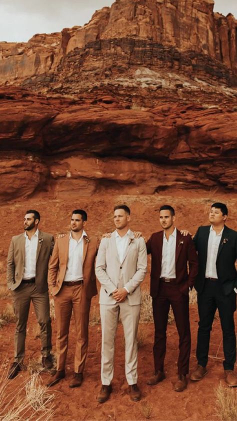 terracotta wedding groomsmen Cinnamon Tuxedo Wedding, Groom Earth Tones, Earth Tone Wedding Groom, Men’s Fall Wedding Colors, Terra Cotta Wedding Groomsmen, Wedding Party Fits, Fall Wedding Colors Men, Desert Groomsmen Attire, Rust Wedding Attire