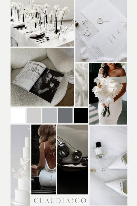 Modern Classic Wedding Color Palette, Modern Wedding Colours, Black And White Color Scheme Wedding, Modern Monochrome Wedding, Black And White Luxury Wedding, Monochrome Wedding Theme, Black And White Wedding Palette, Black And White Wedding Mood Board, Black And Pearl Wedding