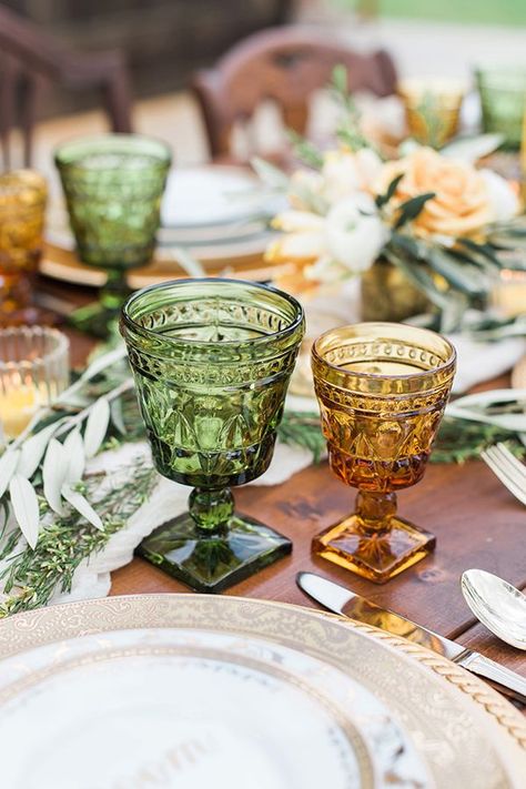 Sweet Love Wedding Inspiration with Yellow and Green | The Perfect Palette Wedding Glassware, Amber Glassware, Green Glassware, Prop Rental, Colored Glassware, Rental Decorating, Prop Styling, Gay Wedding, Vintage Rentals