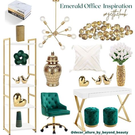 Emerald Green And Gold Office, Neutral Glam Decor, Green And Gold Office, Emerald Office, Emerald Green Rooms, Green Office Decor, Emerald Green Living Room, Glam Livingroom, Green Sofa Living