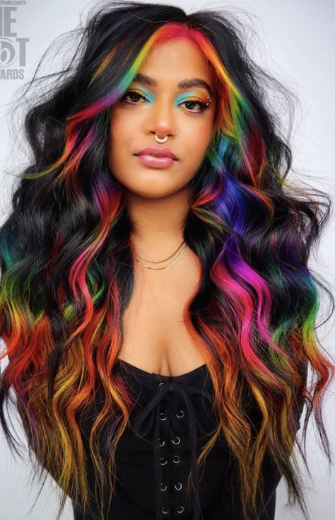 Hair Themes Inspiration, Colorful Bayalage Hair, Long Hair Bright Color Ideas, Black And Vivid Hair, Ombre Fashion Color Hair, Black Hair With Vivid Color, Bright Colour Hair Ideas, Dramatic Hair Color Ideas, Cool Multicolor Hair