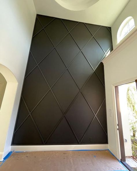 Diamond Panel Wall, Accent Wall Diamond Pattern, Vaulted Accent Wall, Accent Wall And Ceiling Same Color, Vaulted Ceiling Accent Wall, Diamond Wall Pattern, Diamond Accent Wall, Accent Ceiling Ideas, Stair Wall Ideas