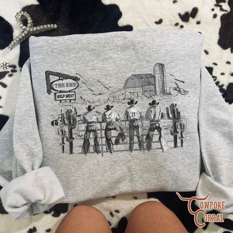 Saddle up in style with our handmade Wild West Cowboys sweatshirt. With a Western-inspired design, you'll feel like a true cowboy in any setting. Perfect for any fan of the Wild West and comfortable enough for all-day wear.  Unisex Adult Sizing & True To Size Size Up For An Oversized Look Cowboys Sweatshirt, Cute Western Outfits, Western Sweaters, Wild West Cowboys, Western Wear Outfits, Cute Country Outfits, The Wild West, Shirt Print Design, Cute Sweaters