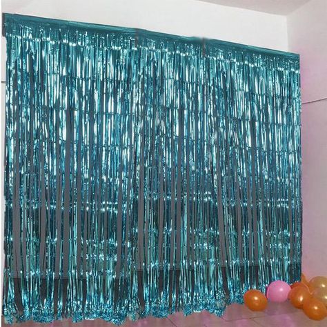 24 Sq ft. Turquoise Metallic Foil Shimmer Fringe Curtain Photo Party Backdrops Foil Fringe Curtain, Balloon Arch Diy, Frozen Decorations, Frozen Bday Party, Frozen Birthday Theme, Foil Curtain, Curtain Fringe, Sea Crafts, Vinyl Backdrops