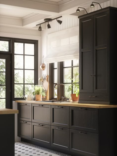 A kitchen island in a kitchen with LERHYTTAN fronts - IKEA Ikea Kitchen Colors, Ikea Black Kitchen Island, Black Kitchen Ikea, Ikea Lerhyttan Kitchen, Lerhyttan Kitchen Ikea, Black Lerhyttan Kitchen, Ikea Lerhyttan, Ikea Kitchen Lerhyttan Black, Black Ikea Kitchen