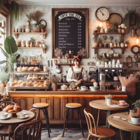 Cozy European Apartment, Rustic Cafe Ideas Coffee Shop, English Cafe Design, Small Tea Room Ideas, French Tea Room Interior, Cafe Backdrop Ideas, Cozy Shop Interior, Small Bakery Shop Interiors, Small Town Cafe Interior