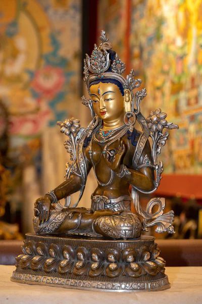 Silver Statue, Himalayas Nepal, Altar Space, Living Room And Office, Gold Statue, White Tara, Shri Yantra, Meditation Altar, Maitreya Buddha