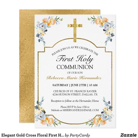 Elegant Gold Cross Floral First Holy Communion Invitation Catholic Communion, Golden Cross, Confirmation Invitations, Holy Communion Invitations, First Communion Invitations, Communion Cakes, Communion Invitations, Carton Invitation, First Holy Communion