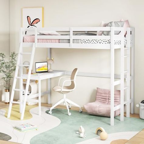 KOMFOTT Twin Loft Bed with Desk, Wooden Loft Bed Frame with 2 Ladders, Safety Guardrail for Teenagers and Adults, Space-Saving Loft Bed with Wooden Slats Support, No Box Spring Needed (White) Bed With Futon, Futon Chair Bed, Girls Loft Bed, Storage Staircase, Hardwood Bed, High Sleeper Bed, Futon Chair, High Sleeper, Kids Loft