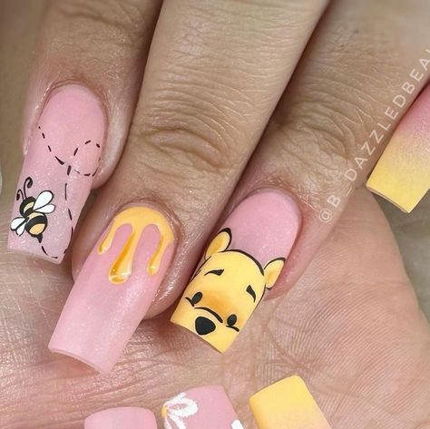 Britt | Nail Artist on Instagram: "A little HUNNY for springtime 😍 #winniethepooh #winniethepoohnails #honeybees #honeybeenails #ombrenails #yellownails #springnails #springnails2024 #disneynails #favoritebear #apres #nailpromagazine #naileditmedia #orcuttnails" Cute Cartoon Nail Art, Nail Art Designs Cartoon, Belle Nails Disney, Nail Designs Disney, Cartoon Nail Art Designs, Cartoon Nails Acrylic, Stiletto Nail Designs, Nails Cartoon, Cartoon Nail Designs