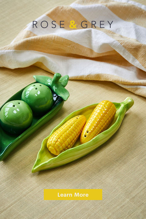 These gorgeous salt and pepper shakers are shaped like peas and sweetcorn. The bright coloured table accessories bring fun and joy to your space. These unique pieces of homeware are perfect gifts. Aesthetic Salt And Pepper Shakers, Unique Salt And Pepper Shakers, Cute Salt And Pepper Shakers, Baking Studio, Scandi Furniture, Poetry Projects, Ceramic Salt And Pepper Shakers, Farmhouse Mirrors, Joy Gifts