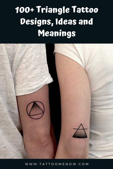 In geometric terms, a triangle is a polygon with three sides and three angles. The triangle symbol is a simple one but loaded with deep meanings and seen very frequently in new school tattoo designs. Triangle is used mostly in Geometric or Dotwork tattoo designs, collaborated with single or other details. Before you get a triangle tattoo, its important that you understand the meanings of triangles as they vary from type to type.  <<Check out the tattoos  #tattoomenow #tattooideas #tattoodesigns Mrs Tattoo, Triangle Tattoo Meaning, Triangle Tattoo Design, Infinity Couple Tattoos, Cute Matching Tattoos, Glyph Tattoo, Tattoo Couple, Small Couple Tattoos, Cute Couple Tattoos