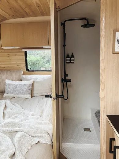 Scandi Caravan Interior, Family Caravan Renovation, Camper Interior Hacks, Scandinavian Camper Interior, Mini Camper Interior, Scandi Van, Camper Van Makeover, Blonde Cabinets, Live In Van