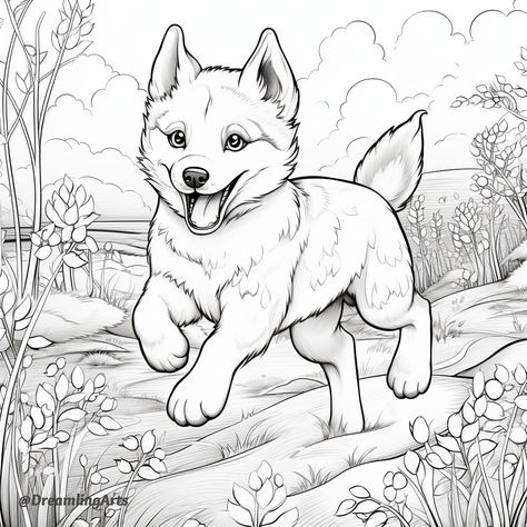 Coloring page of a Husky puppy dog running through a field. Husky Puppies Drawing, Husky Coloring Page, Puppy Drawing Sketches, Dog Colouring Pages, Dinosaurs Drawings, Dog Pictures To Color, Cute Dog Coloring Pages, Husky Drawing, Husky Colors