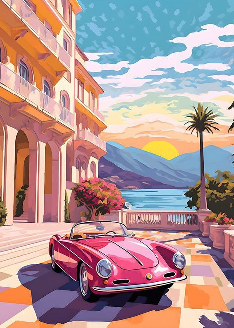 Road Painting Ideas, Monaco Painting, Monaco Drawing, Retro Painting Ideas, Car Wall Painting, Monaco Illustration, Colourful Wall Painting, Car Painting Ideas, Classic Car Painting