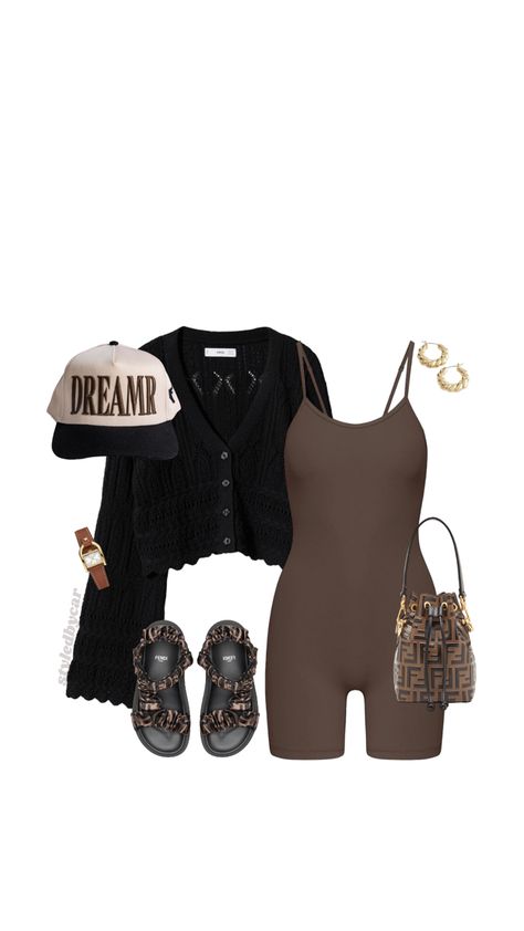 Romper Cardigan Outfit, Fendi Sandals Outfit, Brown Romper Outfit, Aritzia Romper, Outfit Inspo Brown, Fendi Headband, Fendi Outfit, Fendi Bucket Bag, Trucker Hat Outfit