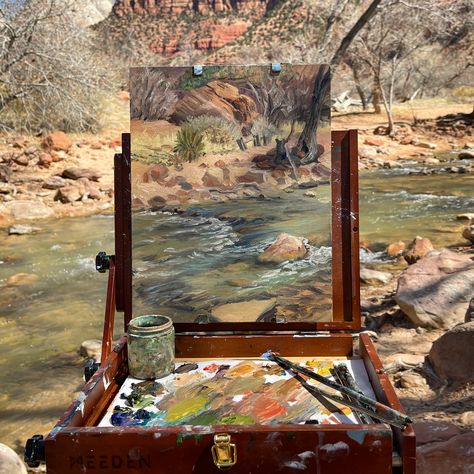 Traveling Artist Aesthetic, Watercolor Plein Air, En Plein Air Painting, Plein Air Easel, Virgin River, Oil Paint Brushes, Zion Canyon, Studio Spaces, Easel Painting