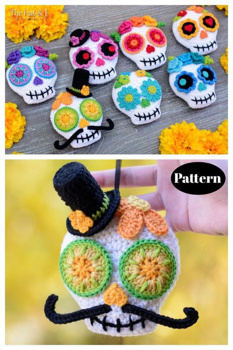 Adorno de calavera de azúcar o patrón de ganchillo de apliques Sugar Skull Crochet Pattern Free, Halloween Crochet Applique, Sugar Skull Crochet, Crochet Sugar Skull, Crochet Figures, Skull Crochet, Crochet Skull Patterns, Crochet Skull, Crochet Patterns Free Beginner