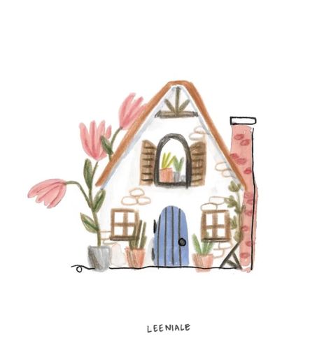 Cute Cottage House Drawing, Cute House Drawing Aesthetic, Simple Cottage Drawing, Pink House Drawing, Cottage Core House Drawing, Kawaii House Drawing, Simple Pretty Drawings, How To Draw A Cottage, Cute House Doodle