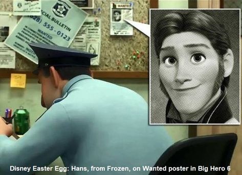 Disney movie "Easter Egg" - Hans, the villain from Frozen, on a Wanted poster in the police station in Big Hero 6. Disney Secrets In Movies, Easter Eggs In Movies, Best Disney Animated Movies, Disney Easter Eggs, Disney Secrets, Disney Movies To Watch, Disney Theory, Disney Easter, World Of Disney