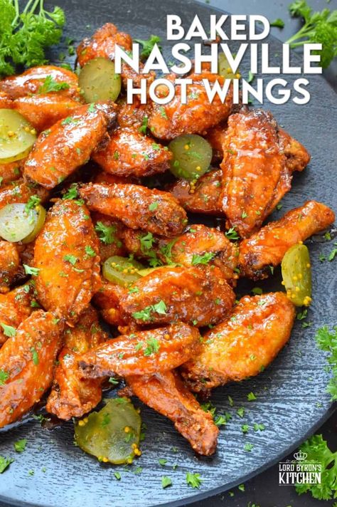 Baked Nashville Hot Wings - Lord Byron's Kitchen Breaded Chicken Wings, Sticky Wings, Honey Garlic Chicken Wings, Flexitarian Recipes, Garlic Chicken Wings, Cornish Hen, Baked Wings, Nashville Hot Chicken, Pickle Slices