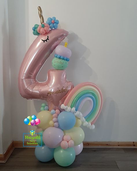 Heydi Party Decorations on Instagram: “~Annabel's 4th Birthday Balloons~ • This number balloon arrangement in pastel colour balloons is beautiful 😍 • Don't forget our Priority…” Unicorn Party Balloons, Rainbow Unicorn Birthday Party, Balloon Arrangement, Diy Birthday Backdrop, Unicorn Birthday Party Decorations, 1st Birthday Girl Decorations, Rainbow Unicorn Birthday, Balloon Crafts, Baby Balloon