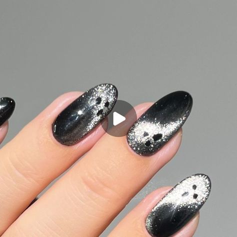 Aistė Haas on Instagram: "Less is more, even in the spirit realm. Subtle black velvet ghosts, but can you spot them? 👻🖤✨ *all products are linked on my amzn in the bio ____ #blacknails #halloweennails #ghostnails #halloweennailart #halloweennailinspo #ghostnailart #nailinspo #fallnails halloween , simple nails, nailtrends, fall nails, autumn nails, spooky season, simple nail art, white nails" Black Silver Halloween Nails, Grey Spooky Nails, Black And White Ghost Nails, Chrome Ghost Nails, Modern Halloween Nails, Simple Nail Art White, Subtle Halloween Nails Short, Halloween Simple Nails, Nail Art White Nails