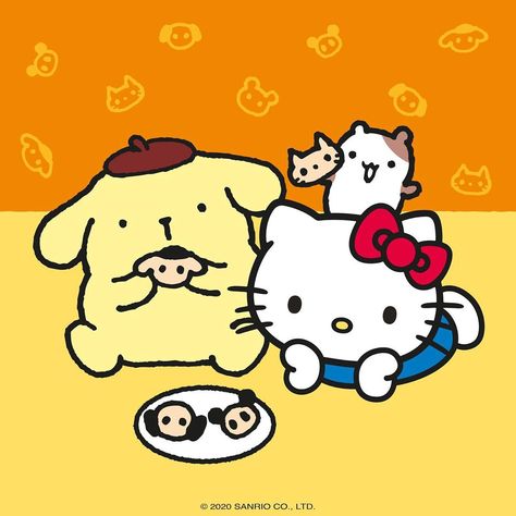 Hello Kitty And Pompompurin Matching, Kenny And Hello Kitty, Meet Pompompurin, Sanrio Best Friends, Pompompurin And Hello Kitty, Hello Kitty And Pompompurin, My Melody And Pompompurin, Hello Kitty Eating, Happy Birthday Hello Kitty