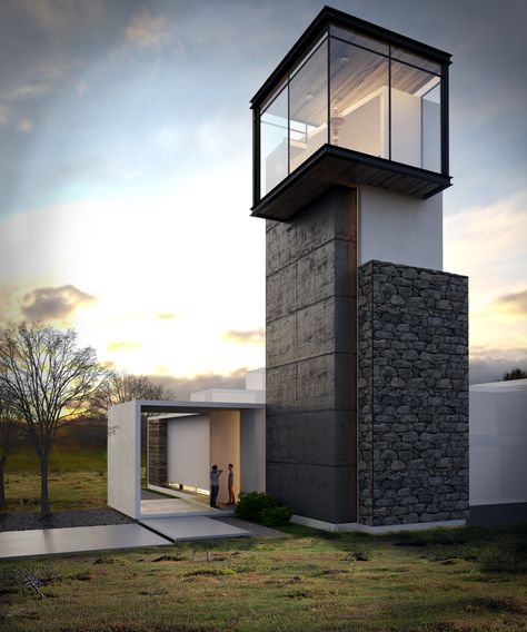 This chapel is located in the fields of planting in Nuevo Casas Grandes, the intention of the design is to stand out and be a point of reference where the people at any distance to view the chapel and the true meaning of this light. Mini Chalet, Lookout Tower, Architectural Rendering, Tower House, Decoration Inspiration, Cool House Designs, House Architecture Design, Modern Exterior, Architecture Project