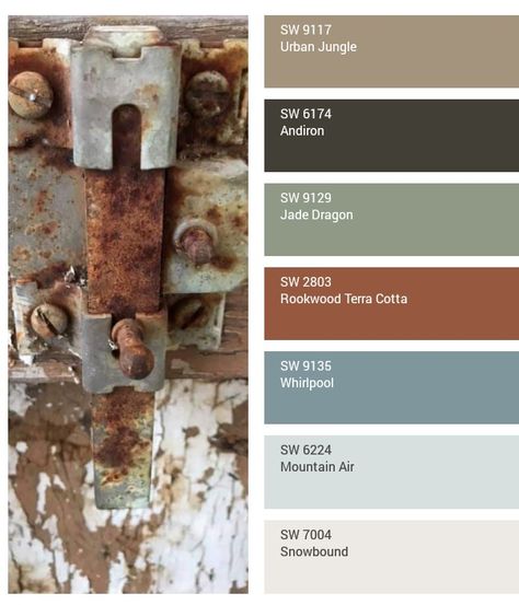 Rusty lock, reclaimed door, color inspiration, Sherwin Williams paint colors, open concept, home decor Rustic Paint Colors, Reclaimed Decor, Rustic Color Palettes, House Color Palettes, Curated Home, Farm House Colors, Paint Color Schemes, House Color Schemes, Paint Swatches