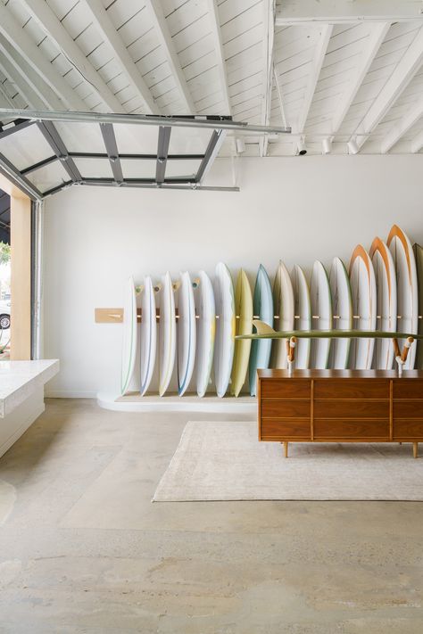 Surf Storage Room, Surf Rack Wall, Surf Board Storage, Surf Interior Design, Solstice Interiors, Surf Shop Interior, Surf Shed, Surf Shop Aesthetic, Surfboard Room