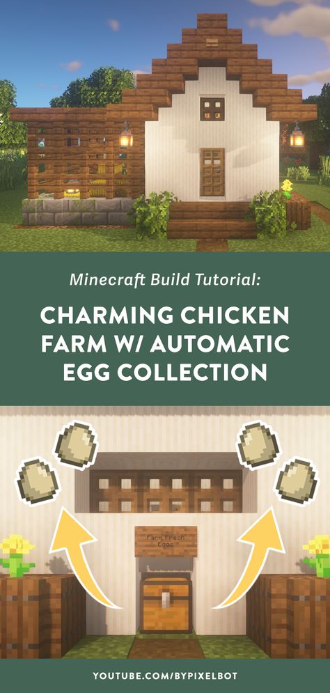 Minecraft: How to Build a Charming Chicken Coop Farm with Automatic Egg Collection Minecraft Chicken Coop Design, Minecraft Automatic Chicken Farm, Minecraft Building Ideas Chicken Coop, Egg Farm Minecraft, Minecraft Coop Ideas, Cute Minecraft Chicken Coop, Small Things To Build In Minecraft, Chicken Coop Ideas Minecraft, Automatic Minecraft Farms