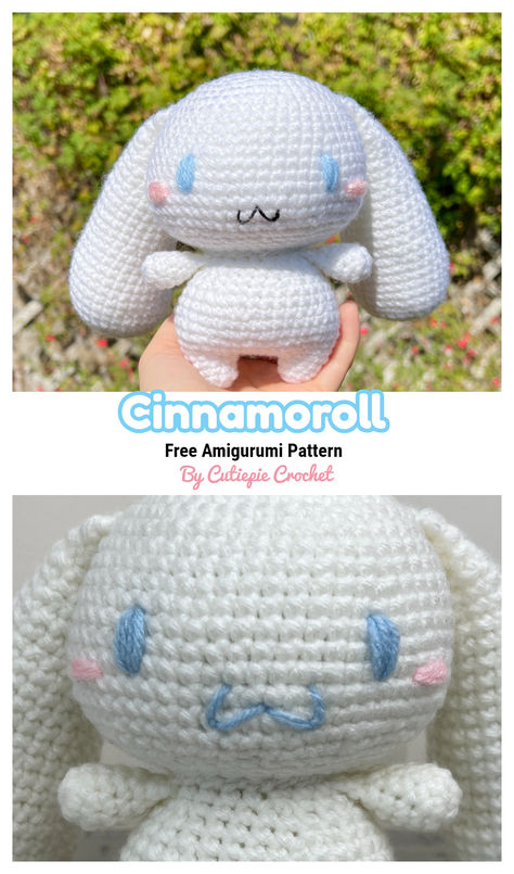 This is a free and relatively beginner-friendly crochet pattern to make your very own amigurumi Cinnamoroll Plushie Crochet Hanging Pattern, Crochet Plush Pillow Free Pattern, Sanrio Characters Crochet Pattern, How To Crochet Cinnamoroll, Cute Easy Free Crochet Patterns, Cinnamoroll Amigurumi Free Pattern, Plush Crochet Amigurumi, Bluey Knitting Pattern, Free Sanrio Crochet Patterns