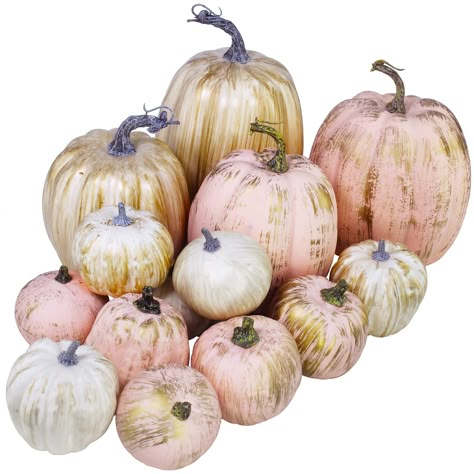 PRICES MAY VARY. Quantity: Package contains 7 pcs artificial gold brushed white pumpkins and 7 pcs artificial gold brushed pink pumpkins in assorted sizes. Use them to create classy displays for your Thanksgiving, Halloween, autumn wedding or special events. Color: This set of decorative pumpkins features characteristic pumpkin shapes and painted in harvest white and pastel pink, luminous gold brush is then added to each pumpkin. They are topped with whitewashed stems or brown stems. These are p Pink And White Pumpkin Decor, Pink And Gold Pumpkins, Fall Baby Shower Flower Centerpieces, Pink Thanksgiving Decorations, Pink Boho Baby Shower, Pink Pumpkin Baby Shower Ideas, Pink Fall Decor, Pink Fall Baby Shower, Halloween Entry Table