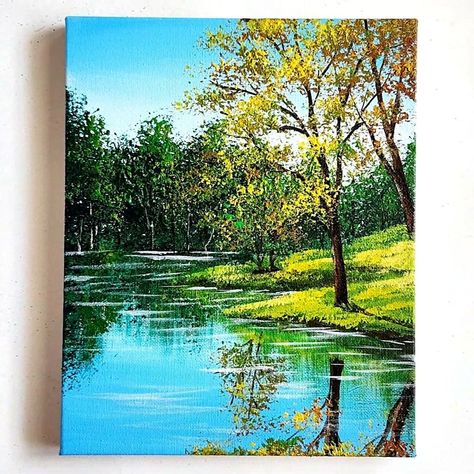 Lake Drawing, Lake Acrylic Painting, Nature Paintings Acrylic, Acrylic Painting Landscape, Landscape With Trees, Drawing Arts, Artwork Acrylic, Lake Painting, Scenery Paintings