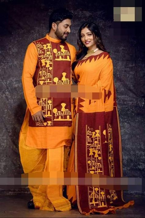 Bengali Couple, Couple Dresses, Indian Wardrobe, Saree Wearing, Saree Wearing Styles, Men Kurta, Printing Blocks, Dress Painting, Dress Design Drawing