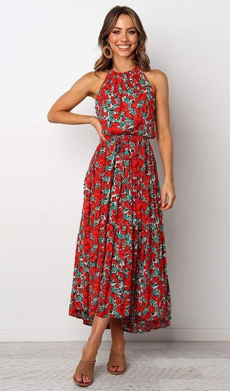 78b9cab19959e4af8ff46156ee460c74desc36044639ri Long Flower Dress, Bohemian Maxi Dress, Halter Midi Dress, Midi Dress Casual, Sleeveless Floral Dress, Floral Dress Summer, Sweet Dress, Monokini, Rose Print