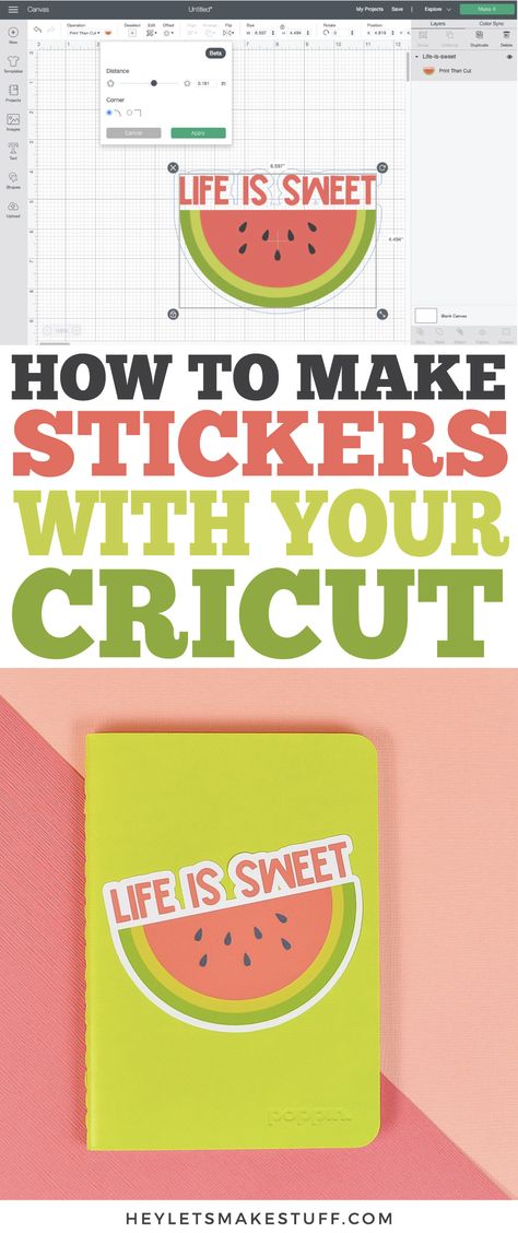 Make all sorts of stickers using your Cricut Maker or Explore and the offset feature in Cricut Design Space! Learn how to turn ANY image into a Cricut print then cut sticker with this fun tutorial. Cricut Print Then Cut, Cricut Stickers, Cricut Air 2, Cricut Projects Easy, Create A Sticker, Printable Sticker Paper, Cricut Help, Cricut Print And Cut, Make Stickers