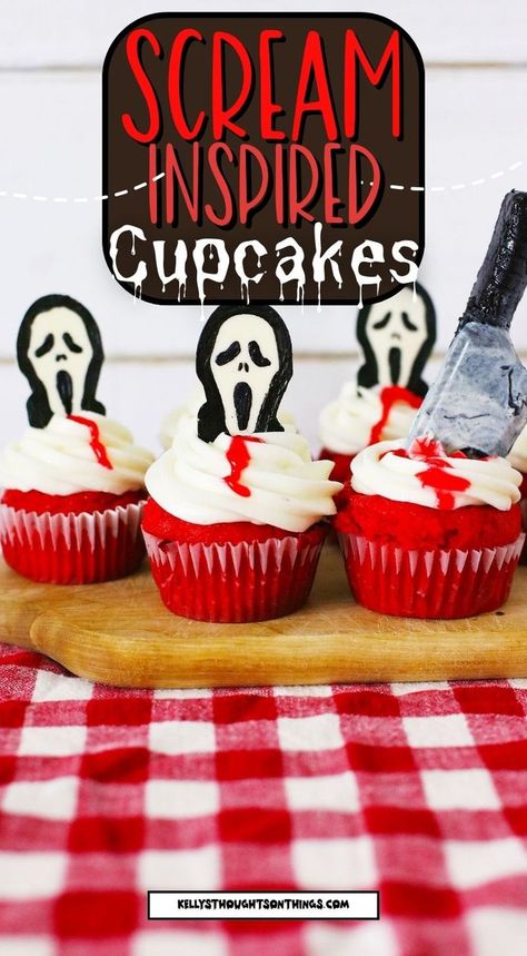 Scream Cupcakes on red checkered napkin Scream Inspired Food, Scream Movie Party Decorations, Scream Bday Party Ideas, Scream Food Ideas, Ghostface Cupcakes, Scream Themed Food, Horror Movie Birthday Party Ideas, Ghostface Birthday Party, Jill Scream