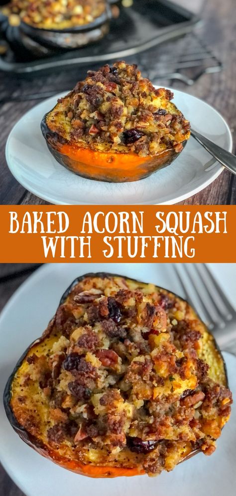 Stuffed Acorn Squash Recipes, Turkey Stuffed Acorn Squash, Acorn Squash Recipes Healthy, Acorn Squash Baked, Stuffed Acorn Squash Vegetarian, Sausage Stuffed Acorn Squash, Squash Bake, Stove Top Stuffing, Stuffed Squash