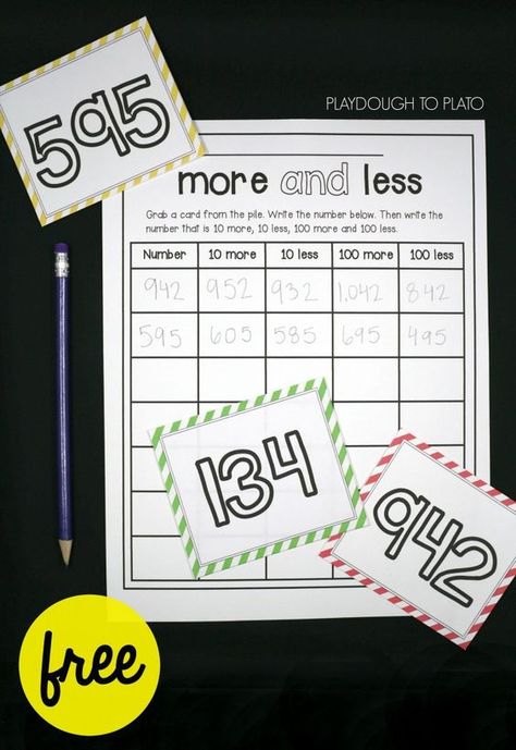 Free number sense activity for kids! Draw a card and find the number that is 10 more, 10 less, 100 more and 100 less. Great for first grade math and second grade math! Math Fact Games, Teacher Tricks, Number Sense Activities, Math Place Value, Numbers Kindergarten, Math 2, Math Intervention, 2020 Year, Kindergarten Math Activities