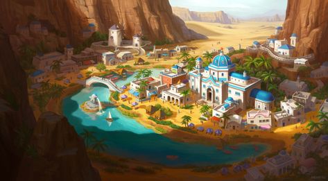 Oasis, MEMESU . on ArtStation at https://www.artstation.com/artwork/8548R Desert Town, Fantasy Town, Landscape Concept, Fantasy City, Fantasy Setting, Fantasy Places, Fantasy Art Landscapes, Fantasy Concept Art, 판타지 아트