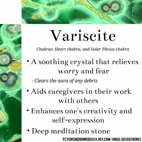 Variscite crystal meaning Variscite Stone Meaning, Crystal Encyclopedia, Crystal Healing Chart, Crystals Gems, Crystal Properties, Gemstone Properties, Crystal Grids, Crystals Healing Properties, Life Force Energy