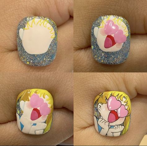 Sailor Moon Nails Simple, Nail Character Designs, Uñas Sailor Moon, Sailor Moon Nail Art, Nail Anime, Nail Art Cartoon, Anime Nail Art, Sailor Moon Nails, Character Nails