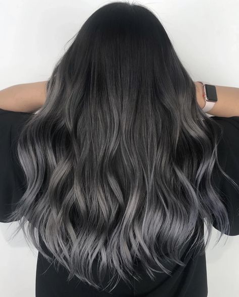 Dark Grey And Black Hair, Dark Gray Hair Color Ideas, Low Maintenance Balayage Black Hair, Smokey Black Hair, Dark Grey Hair Charcoal, Ash Brown Balayage On Black Hair, Ashy Grey Balayage, Cool Tone Hair Color, Grey Hair Streak