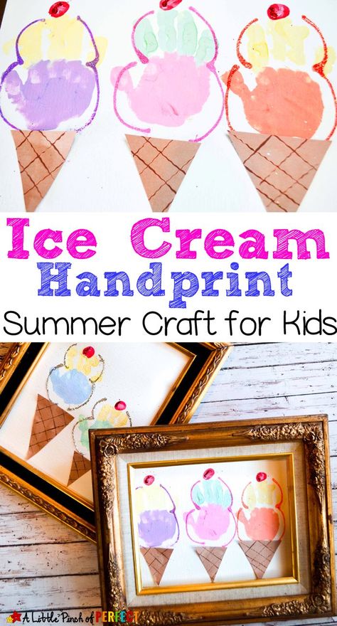 Ice Cream Handprint Craft for Kids: An adorably sweet craft to make with the kids. (summer, spring, paint, kids craft) Ice Cream Handprint, Neat Work, Summer Preschool Crafts, Ice Cream Crafts, Fun Summer Crafts, Colorful Ice Cream, Ice Cream Theme, Homemade Card, Summer Craft