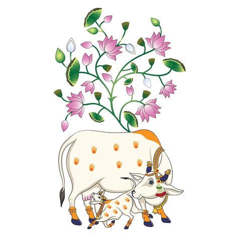 Pichwai Cow Sketch, Pichwai Tree, Pichwai Elements, Pichwai Wallpaper, Pichwai Art Paintings, Pichwai Prints, Indian Cow, Lotus Artwork, Kalamkari Design